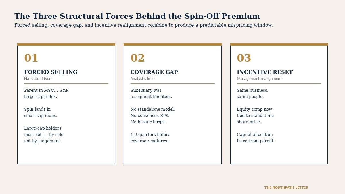 Spin-Off Investing: Joel Greenblatt's 1997 Framework and Three Decades of Academic Evidence on Corporate Separations 34 Three structural forces — forced selling, coverage gap, incentive reset