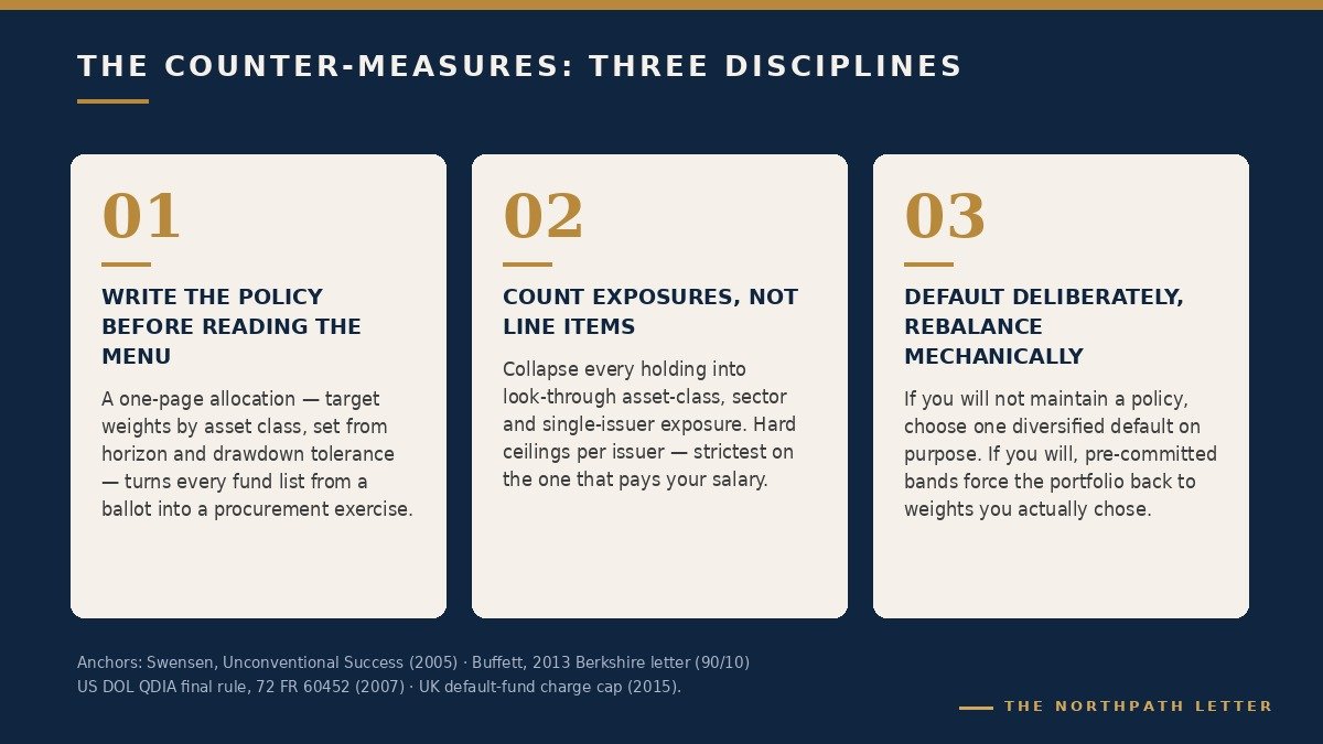 Three discipline cards on navy: write the policy before reading the menu; count exposures, not line items; default deliberately and rebalance mechanically