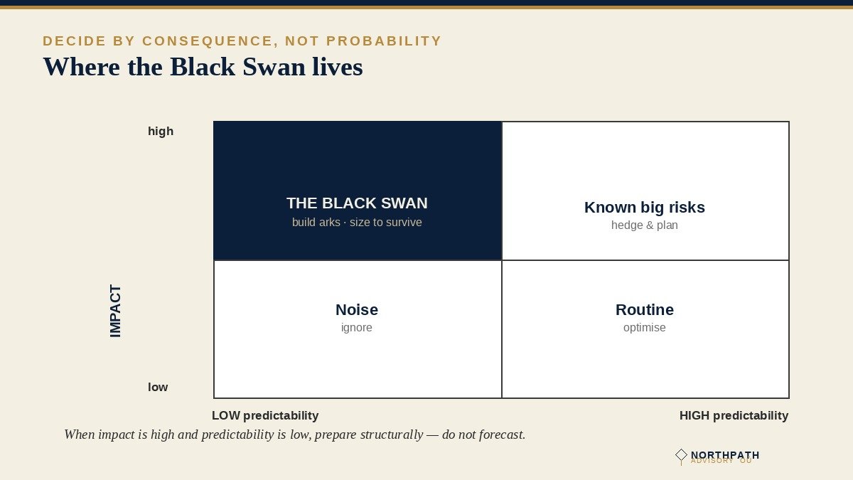 Two-by-two matrix of impact versus predictability with the Black Swan quadrant highlighted
