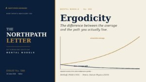 Editorial cover: a rising ensemble-average curve diverging from a declining time-average path, illustrating ergodicity