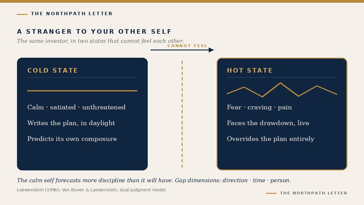 Diagram contrasting the calm cold-state investor and the frightened hot-state investor, separated by the empathy gap.