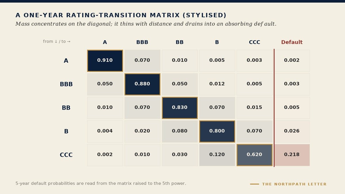 A stylised one-year credit-rating transition matrix shown as a grid, with the strongest shading running down the diagonal where ratings stay unchanged, fading away from the diagonal, and a dark absorbing default column on the right.
