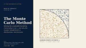 Navy and cream editorial cover: random points scattered in a square with an inscribed quarter circle, estimating pi by Monte Carlo sampling