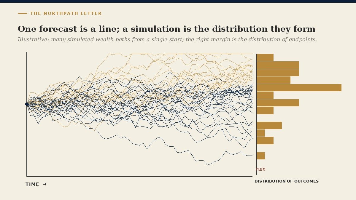 The Monte Carlo Method: Stanisław Ulam’s 1946 Game of Solitaire, the Engine of Chance That Modelled the Bomb, and Why the Long-Term Investor Should Think in Distributions, Not Forecasts 2 Many simulated wealth paths fanning out from a single starting point, resolving into a skewed distribution of terminal outcomes with the left tail of ruin shaded