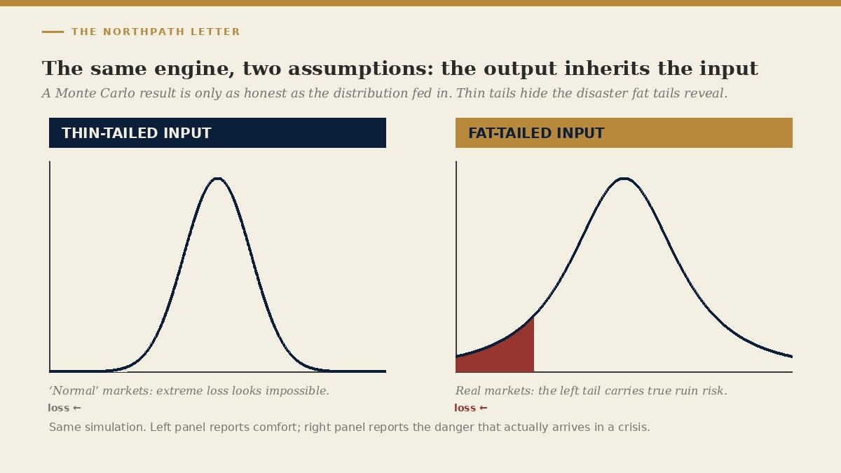The Monte Carlo Method: Stanisław Ulam’s 1946 Game of Solitaire, the Engine of Chance That Modelled the Bomb, and Why the Long-Term Investor Should Think in Distributions, Not Forecasts 3 Two side-by-side input distributions, a thin-tailed bell curve and a fat-tailed curve, producing very different simulated loss outcomes