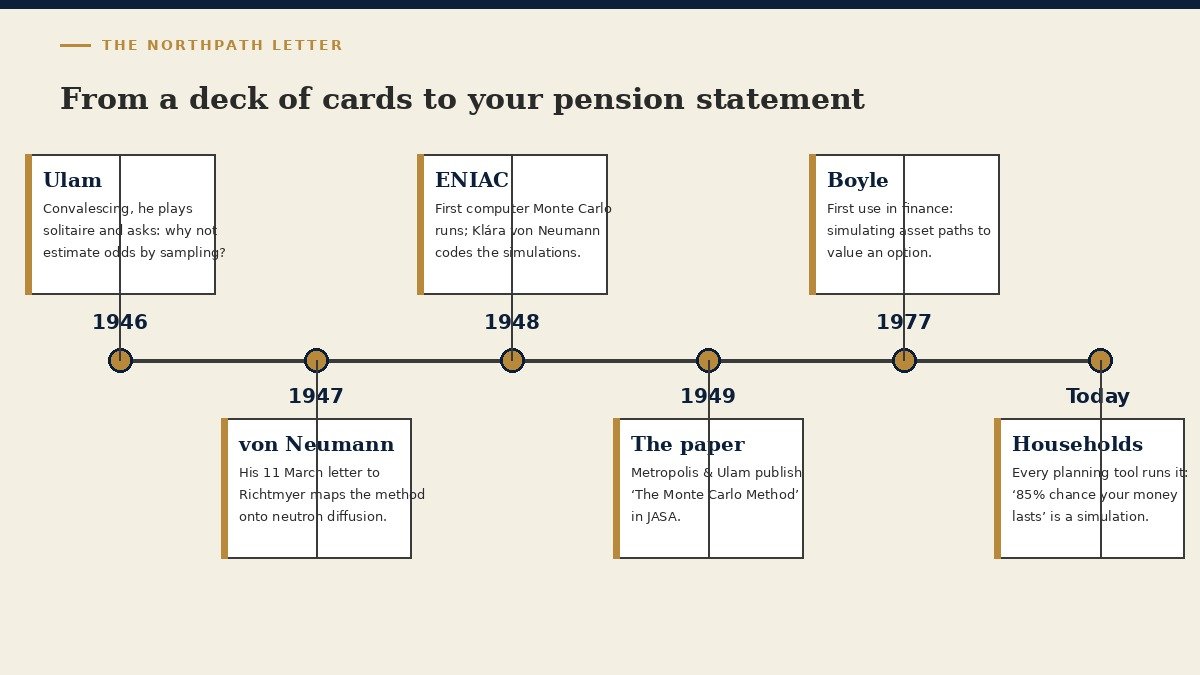 The Monte Carlo Method: Stanisław Ulam’s 1946 Game of Solitaire, the Engine of Chance That Modelled the Bomb, and Why the Long-Term Investor Should Think in Distributions, Not Forecasts 4 Timeline from Ulam's 1946 solitaire to von Neumann 1947, ENIAC 1948, the 1949 paper, Boyle 1977 and today's planning software