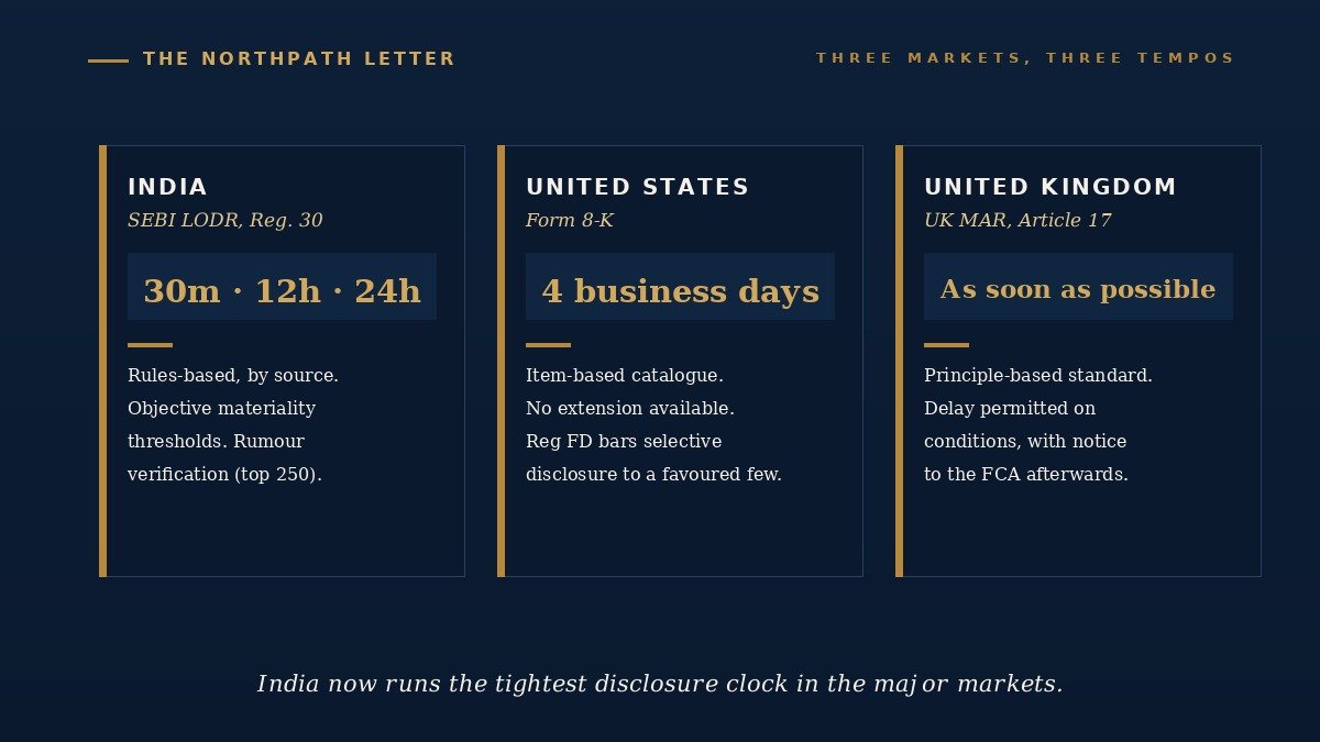 The Thirty-Minute Rule: How Material News Reaches the Market in India, and How to Read a Regulation 30 Disclosure 4 India Regulation 30 compared with US Form 8-K and UK MAR Article 17