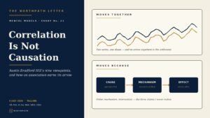 Editorial cover: Correlation Is Not Causation - Austin Bradford Hill's nine viewpoints, with panels contrasting two series that move together against a cause-mechanism-effect chain